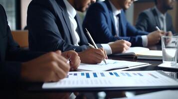 Business people sitting at a conference table with papers photo