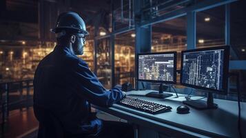 A man in a hard hat and safety glasses is working on two computer screens photo