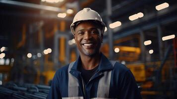 A smiling black man in a hard hat in a factory photo