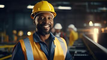 A smiling black man in a hard hat and vest photo