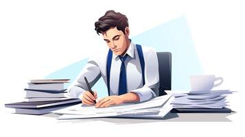 A man in a tie is sitting at a desk with papers and a pen photo
