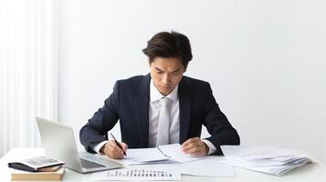 A man in a suit sitting at a desk with papers and a laptop photo