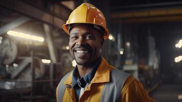 A smiling man in a hard hat in a factory photo