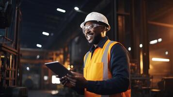 A smiling man in an orange vest and safety glasses holding a tablet photo