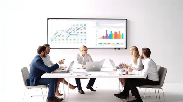 A group of people sitting around a table with a projector screen photo