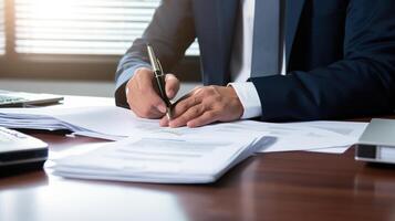 A man in a suit is signing paperwork on a desk photo