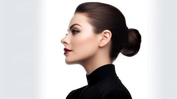 A woman with a black top and red lips photo