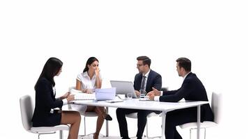 Business people sitting at a table with laptops photo