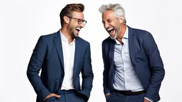 Two men in suits laughing together photo