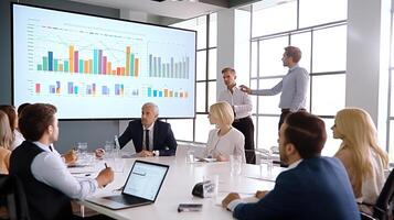 A group of people in a meeting room with a projector screen photo