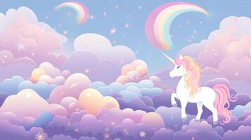 Unicorn in the clouds with rainbow and stars photo