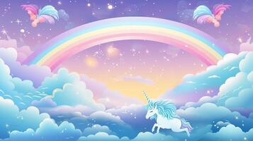 Unicorn flying in the sky with rainbow and clouds photo