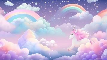 Unicorn in the clouds with rainbow and stars photo