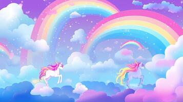 Two unicorns are standing in the clouds with a rainbow photo