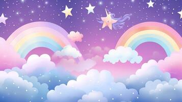 Unicorn flying over clouds and rainbow photo