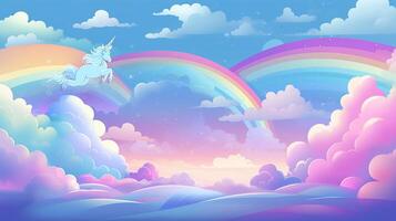 Unicorn flying over clouds and rainbow in the sky photo