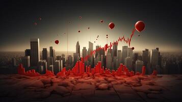 A red balloon is flying over a city with a graph line photo