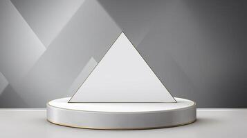 A triangle shaped award stand on a gray background photo