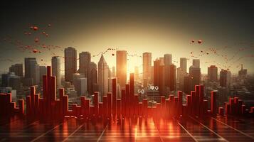 An abstract cityscape with red bars and a rising graph photo