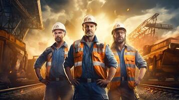 Three men in hard hats standing in front of a train photo