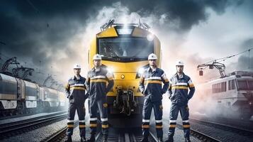 A group of men in hard hats standing next to a train photo