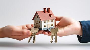 Two hands holding a house key and a key to a house photo