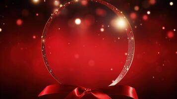 Red ribbon and bow on a shiny red background photo