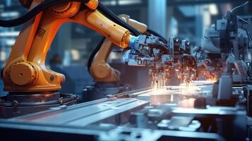 Robots working on a machine in an industrial factory photo