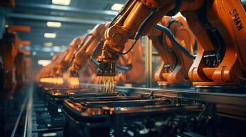 Robots in an industrial factory with a conveyor belt photo