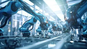 Robots in an industrial factory with blue lights photo