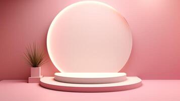 3d rendering of a white oval stage with a potted plant photo
