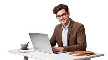 A man in glasses is sitting at a desk with a laptop photo