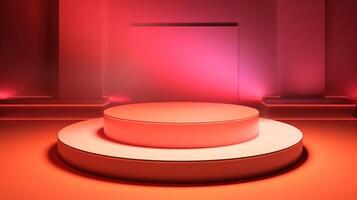 An empty podium in a room with red lighting photo