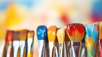 Many paint brushes are lined up in a row photo