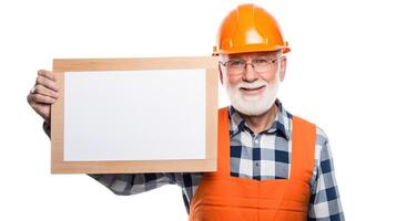 An old man in an orange hard hat holding up a blank board photo