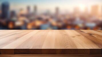 Empty wooden table top with cityscape background photo