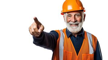 A man in an orange vest and hard hat pointing at something photo