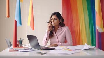 A woman sitting at a desk with a laptop and rainbow flags photo