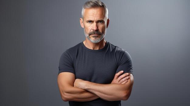 A man with a beard and a gray t - shirt photo