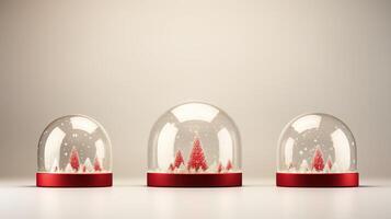 Three glass snow globes with trees inside photo
