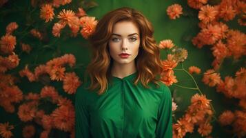 A woman in green dress standing in front of orange flowers photo