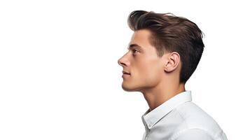 un hombre en un blanco camisa mirando arriba foto