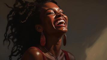 A woman with dreadlocks is laughing photo