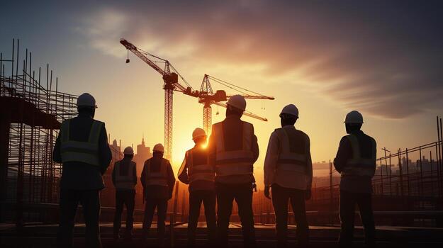 A group of construction workers standing in front of a building photo