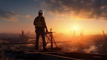A construction worker standing on a platform overlooking the sunset photo