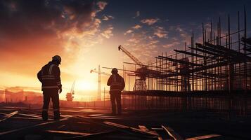 Two construction workers stand in front of a construction site photo
