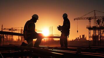 Two men in hard hats standing on a construction site photo
