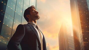 A man in a suit stands in front of a city building photo