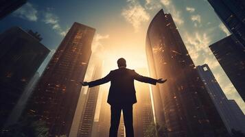 A man in a suit standing in front of a city photo