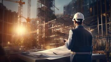 A man in a hard hat and hard hat standing in front of a construction site photo